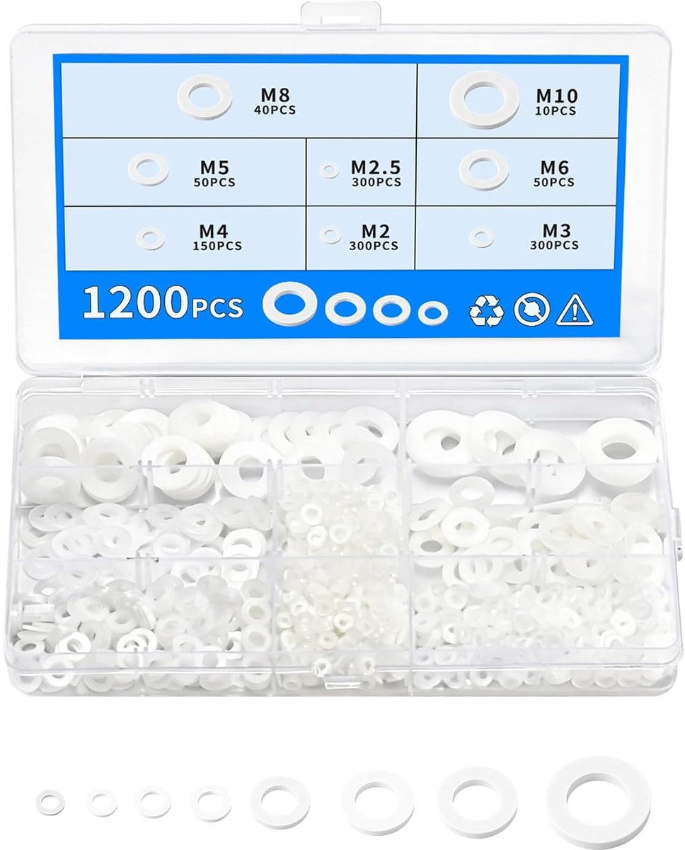 SnelShoppen - 1200-delige Nylon Ringenset - Plastic Wasringen Assortiment - Witte Spacer Washers - Plat Sealing Ringen voor Schroeven in Maten M2, M2.