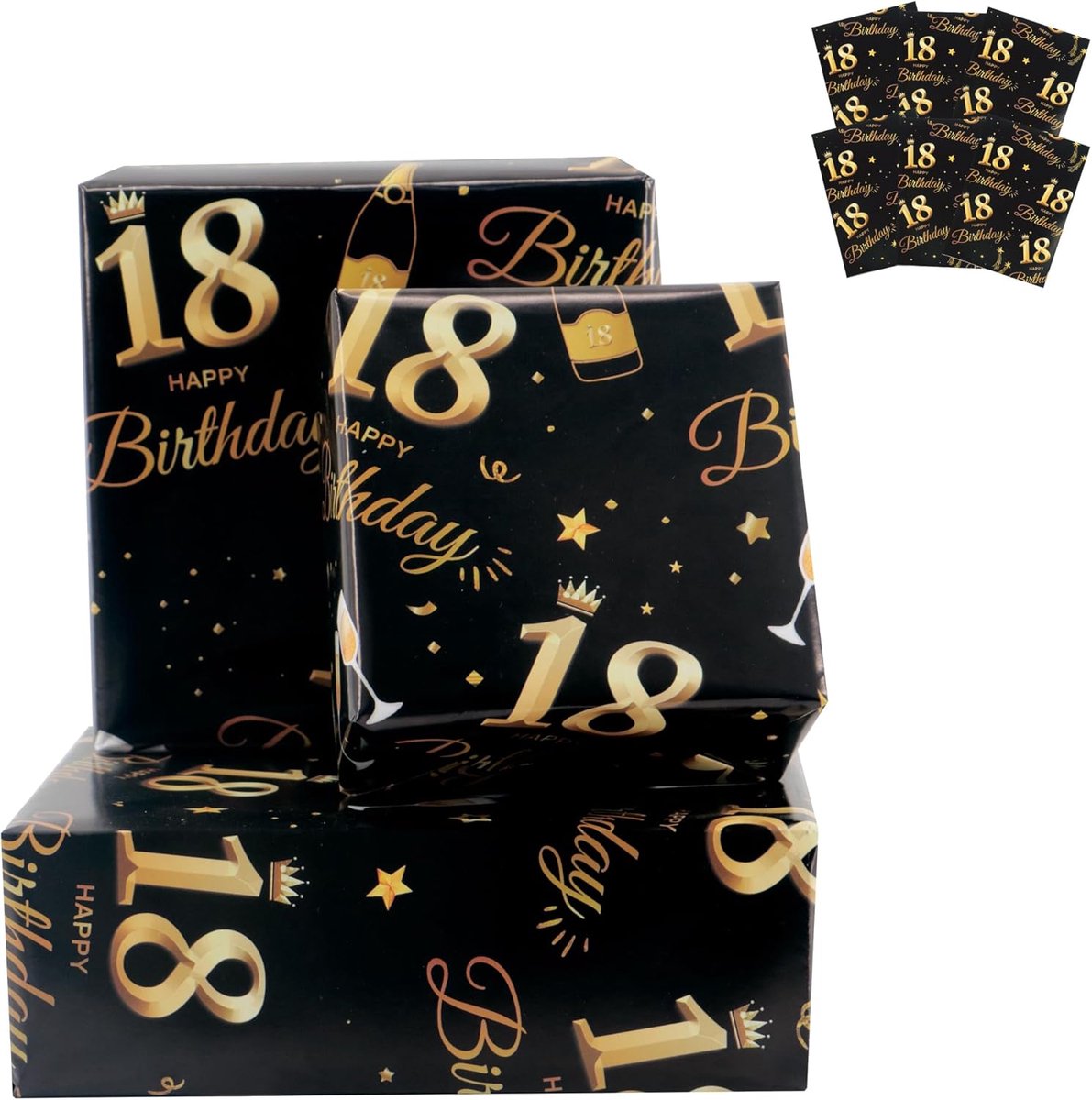 SnelShoppen - 6 Vellen Inpakpapier 18e Verjaardag - Zwart en Goud - 70x50 cm - Recyclebaar Happy Birthday Inpakpapier voor Jongens en Meisjes - Unisex