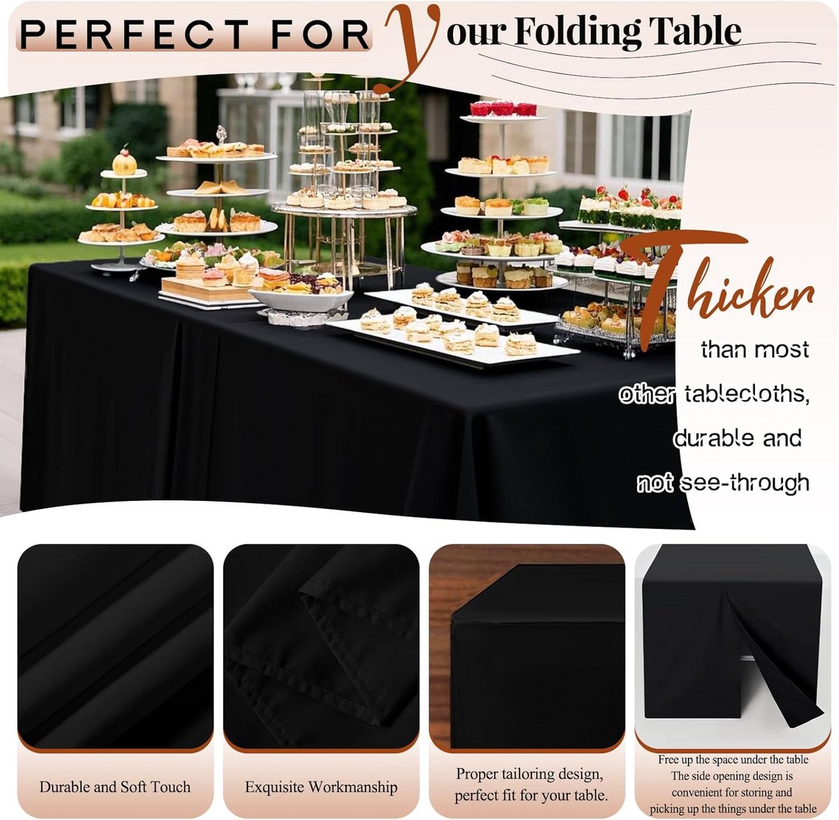 SnelShoppen - Zwarte Tafelkleed Set van 2, Perfecte Pasvorm Tafelkleed, Wasbare Stof, 180 x 75 x 73 cm, Ideaal voor Feesten, Tuin, Keuken, Camping