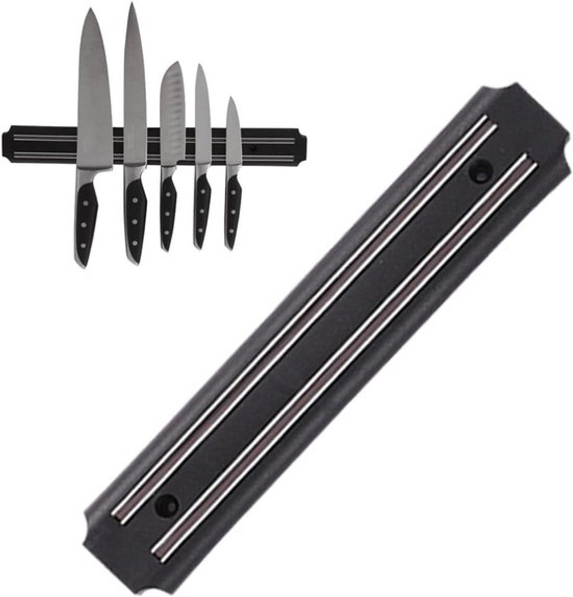 Messenhouder met magneten voor roestvrijstalen messen, inclusief montagegereedschap, 25 cm lang, zwart