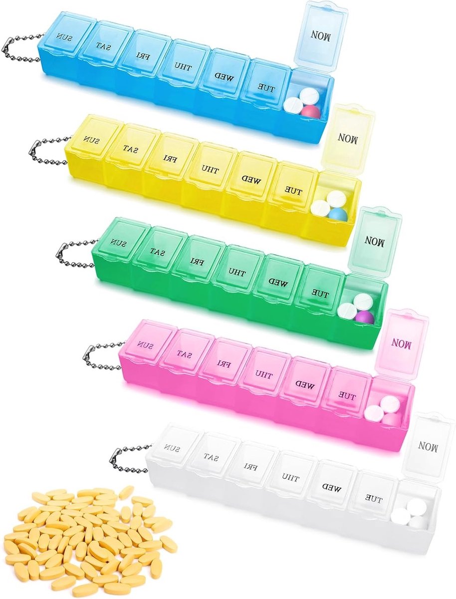 5-delige Tablet Box voor 7 Dagen met 7 Compartimenten, Regenboog Pillendoos en Medicijn Organizer, Eenvoudig te Openen en Ideaal voor Reizen