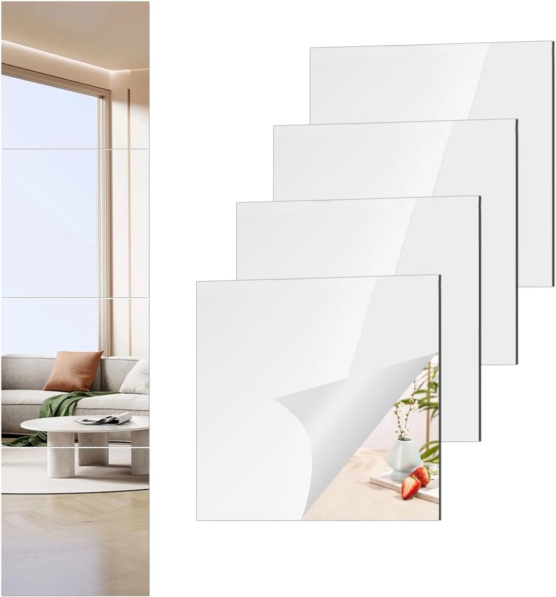 SnelShoppen - 20 x 20cm Acryl Flexibele Spiegel Stukken, 4 Stuks Zelfklevende Spiegel Tegels, Vierkante Snijbare Spiegels, Wandstickers, Veilig Reflec