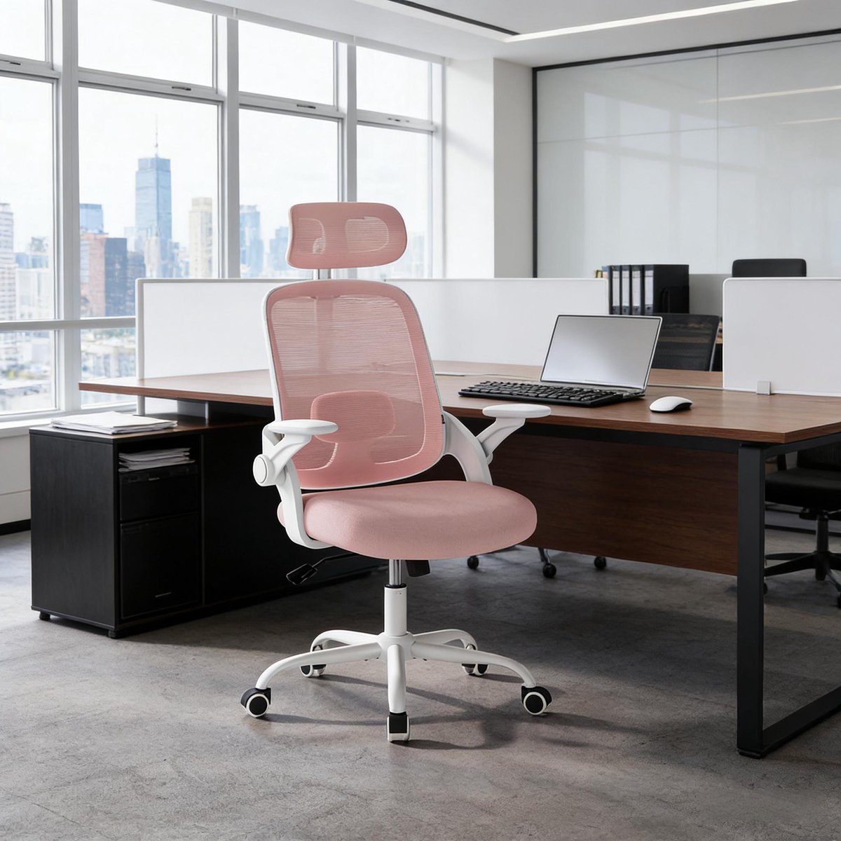 DESMIU Bureaustoel 63,5 x 47 x 109,5-117,5 cm - Ergonomisch Met Hoofdsteun En 3D Armleuningen - Voor Kantoor En Studeerkamer - Mesh Metaal Roze