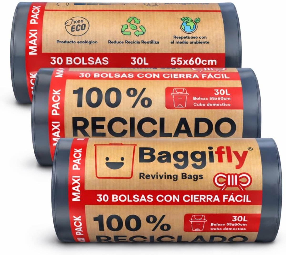 SnelShoppen - Baggifly Afvalzakken 30 Liter - 3 Rollen met 30 Zakjes - 100% Gerecycled - Robuuste Grijze Vuilniszakken met Rits - Ideaal voor Huishoud