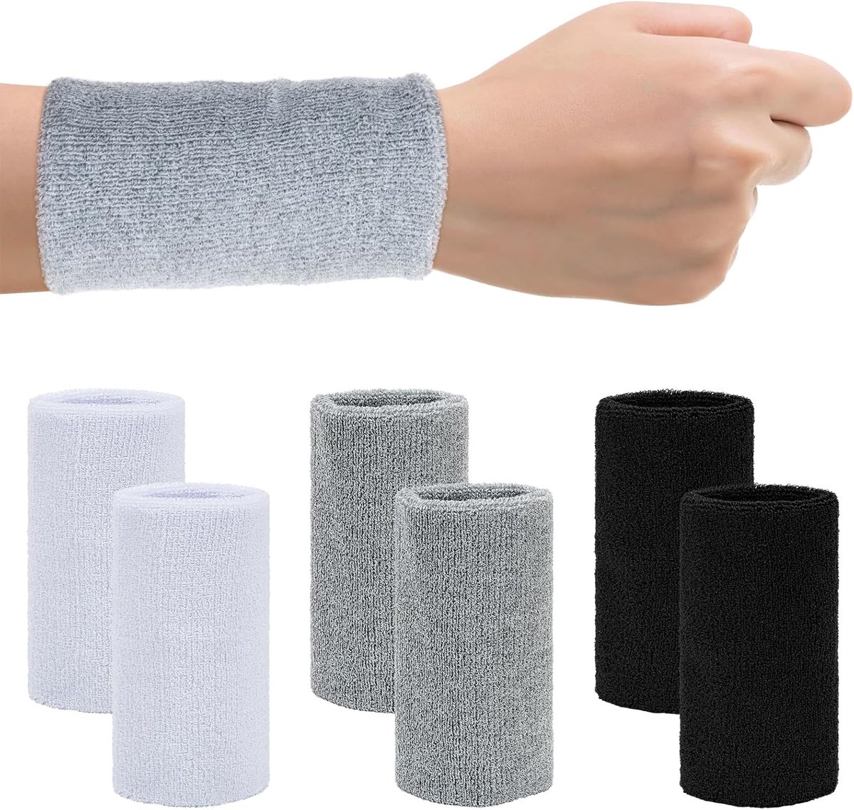 SnelShoppen - Sweatbands voor sport, set van 6, in 3 kleuren, katoen, polsbanden voor fitness, hardlopen, gym, yoga, training, elastisch en comfortabe