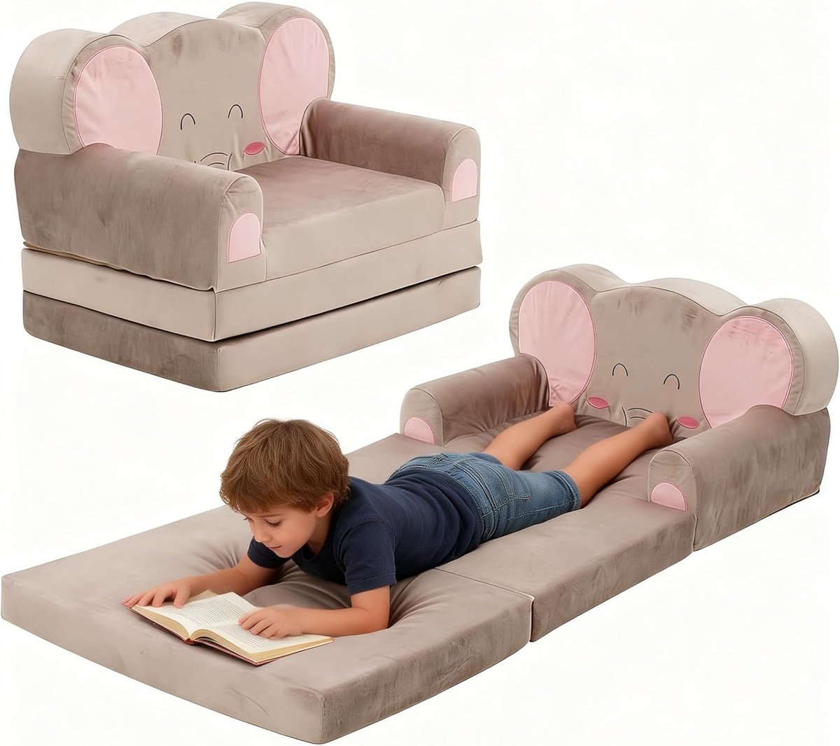 SnelShoppen - Kinderbankje extra breed 2-in-1 peuterstoel in schattige olifantenvorm, gemakkelijk om te bouwen tot bed of loungestoel voor jongens en