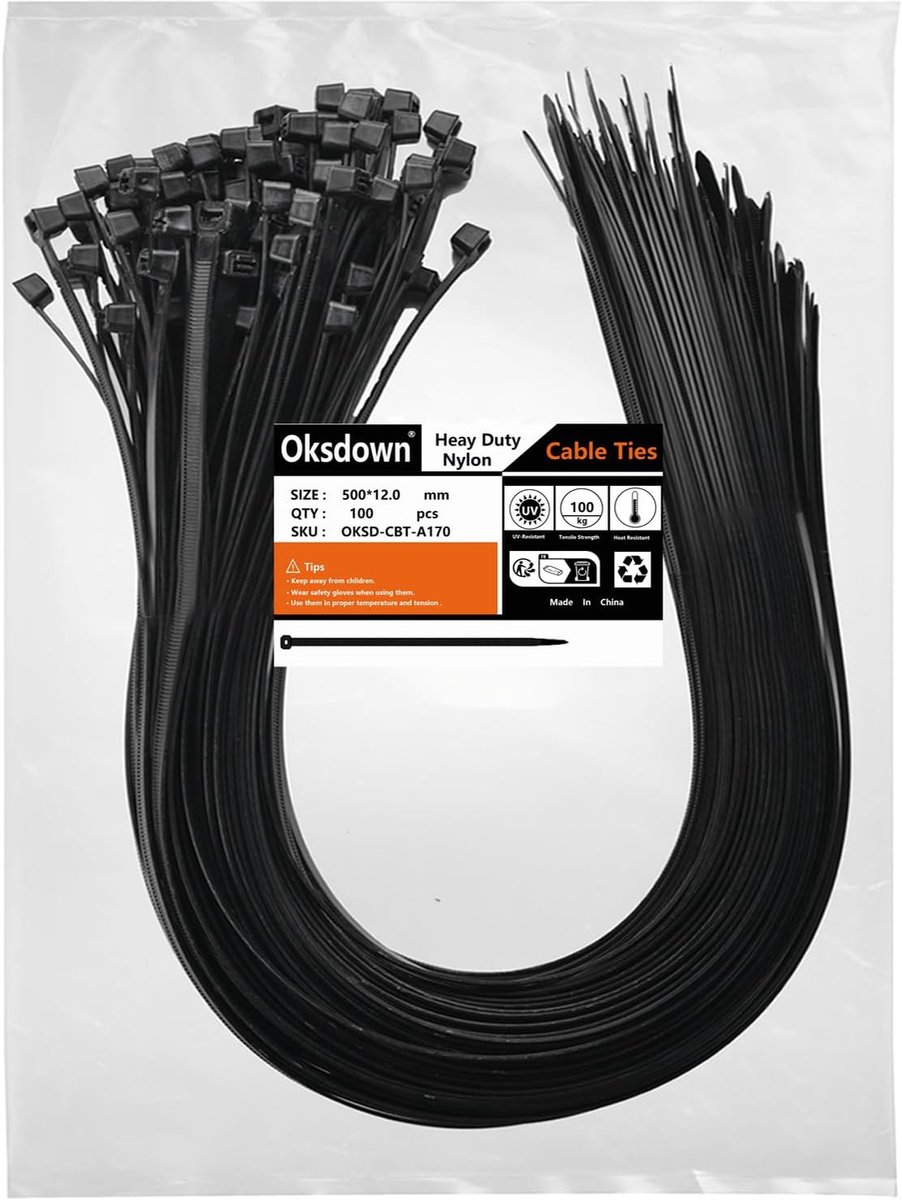 SnelShoppen - 100 Stuks Zwarte Kabelbinders 500 mm x 12 mm - Extra Sterk, 100 kg Treksterkte, UV-bestendig Nylon, Multifunctioneel voor DIY, Kabelbehe