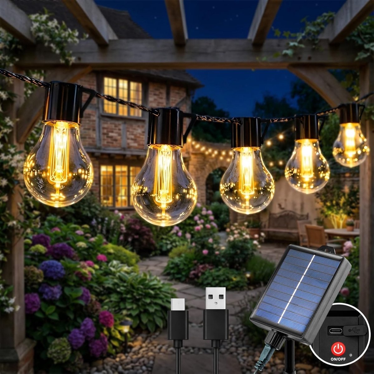 SnelShoppen - Lichtsnoer op Zonne-energie voor Buiten, 20 LED's, 9 Meter Lichtketting met 8 Modi, Accu voor Balkon, Tuin, Paviljoen, Terras, Bruiloft