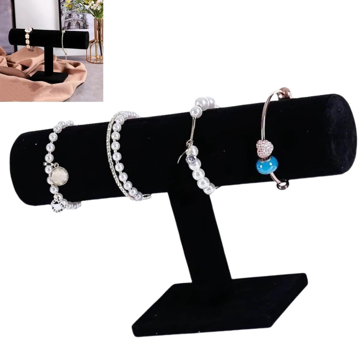 Elegante T-Bar Armbandhouder van Velvet voor Sieraden, Horloges, Kettingen en Armbanden - Perfecte Organizer voor Beurzen en Thuisgebruik