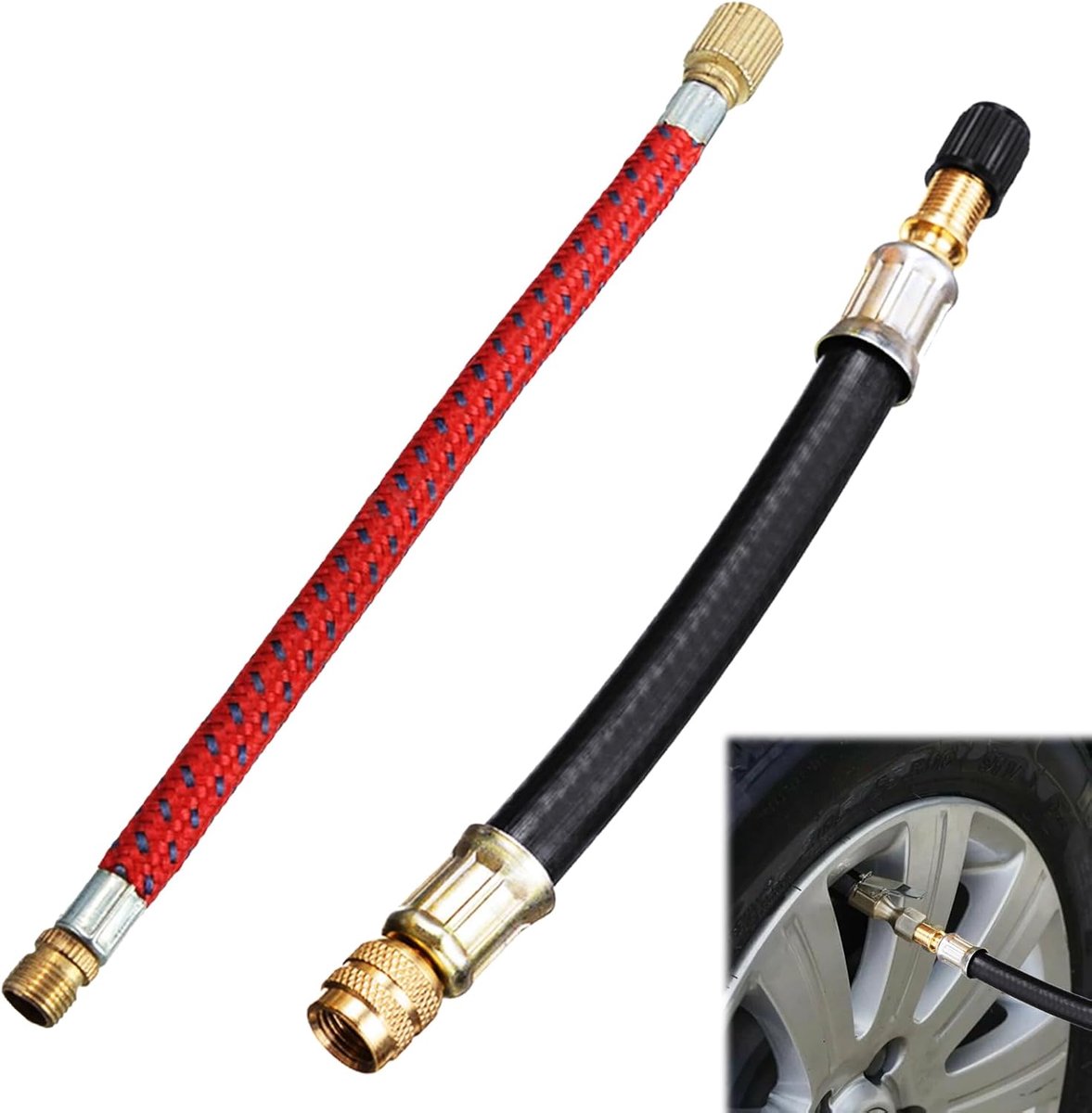 SnelShoppen - Pack van 2 Ventielverlengingen 160 mm + Mini Luchtpomp Adapter Slang 11 cm Flexibele Auto Ventieladapter voor Bandenopblazer Auto, Motor