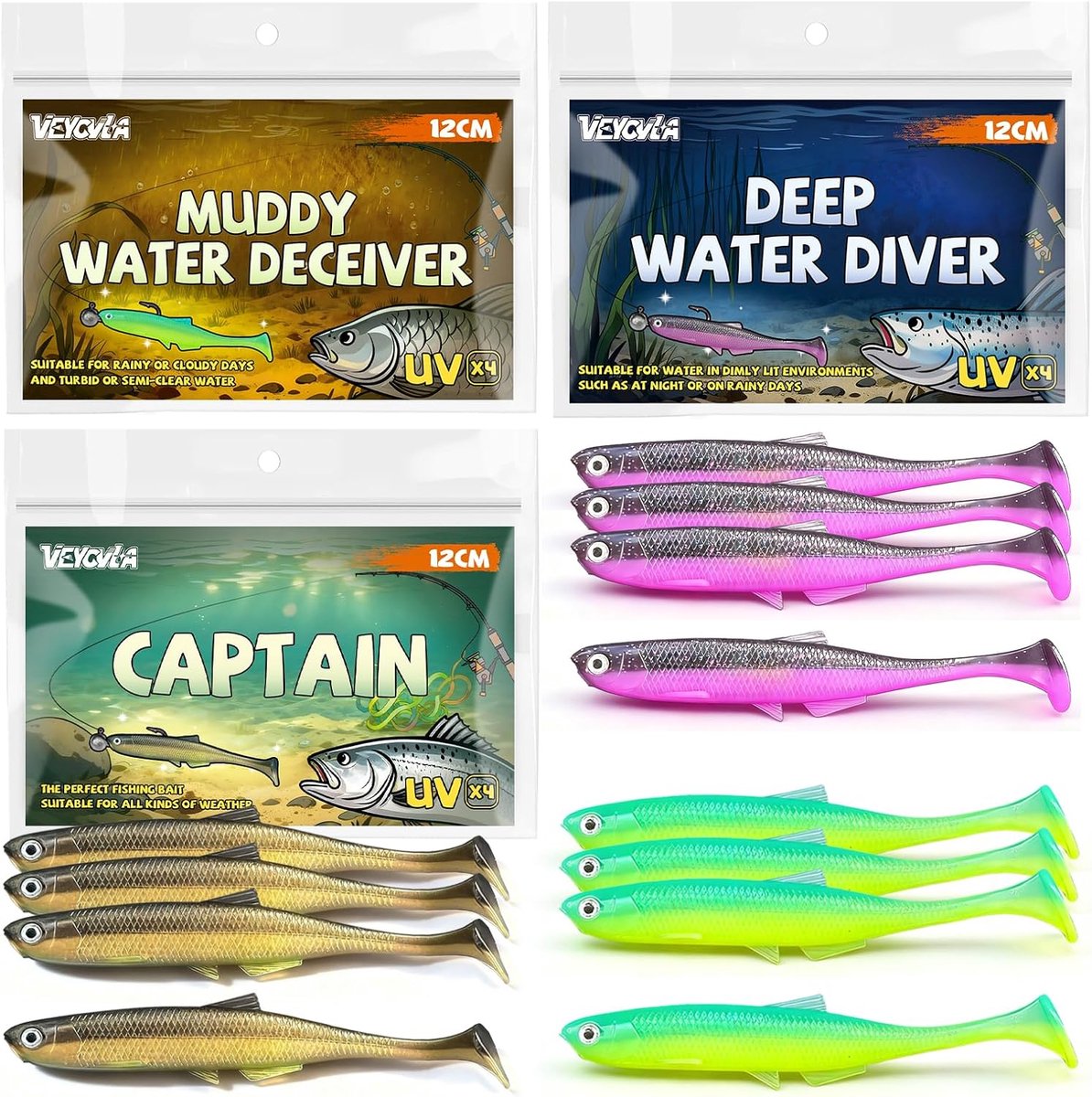SnelShoppen - Rubber Vissen Bait Set - 12cm Zander, Snoekbaars, Baars - 4 Stuks UV Actief Vissen Aas - Soft Bait Voor Zoetwatervissen