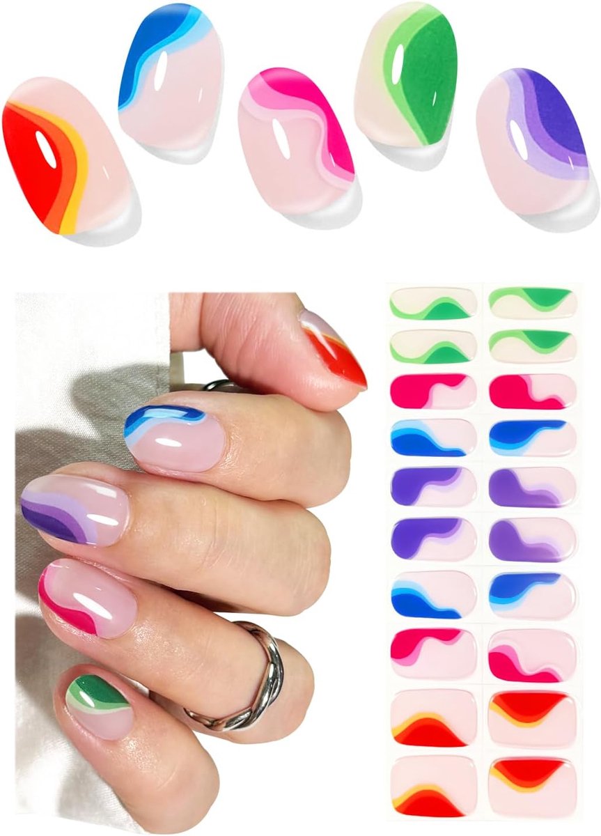 SnelShoppen - Uv-nagelfolie set 20 stuks, regenboog, zelfklevend, halfgeharde gel, nagelstickers, nagelvijl & afdichtingsstrip voor DIY nagels