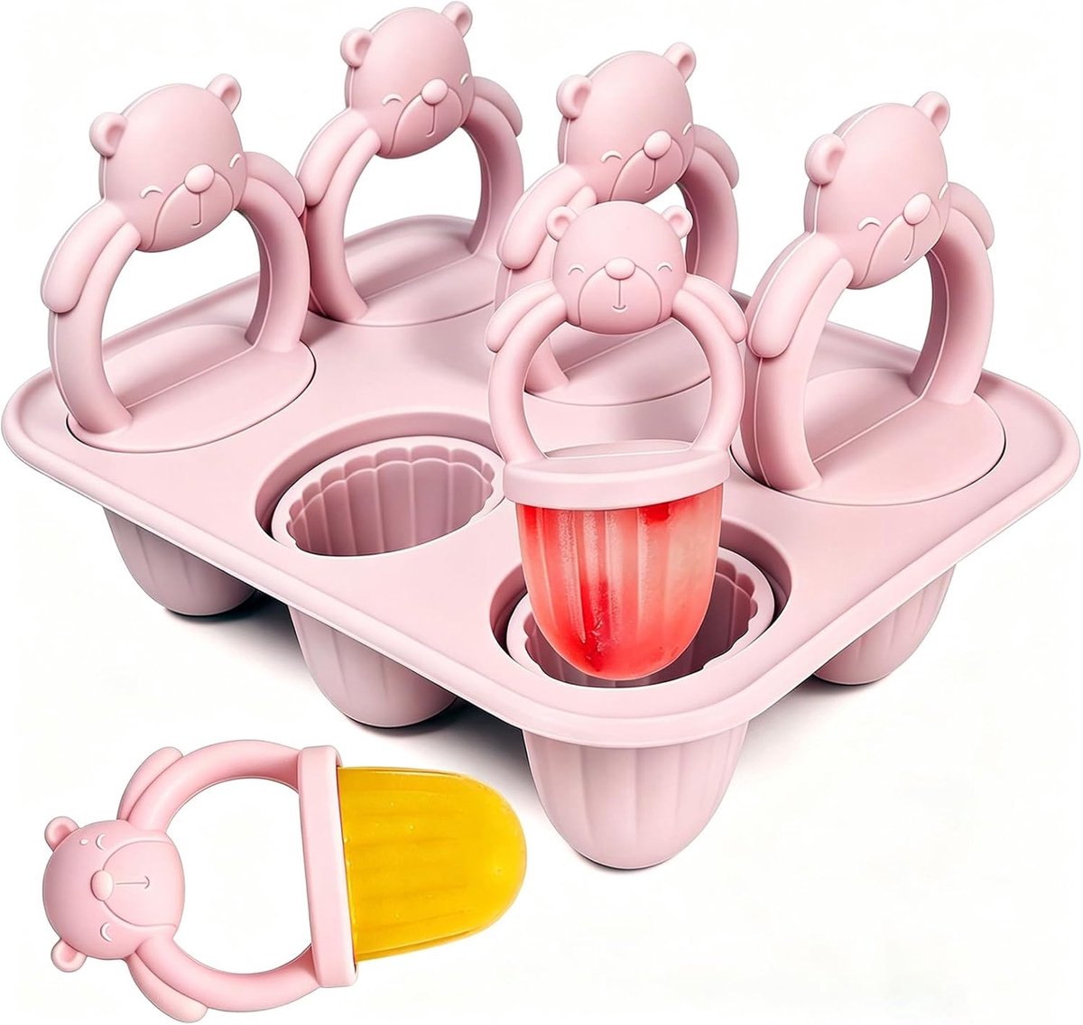 Siliconen ijsjesvorm voor kinderen - 6 vormpjes (elk 17 ml) - Mini BPA-vrije, kindveilige vorm - Inclusief bijtstokjes - Geschikt voor de vriezer en voor peuters - Maak ijsjes of yoghurtijsjes - Roze