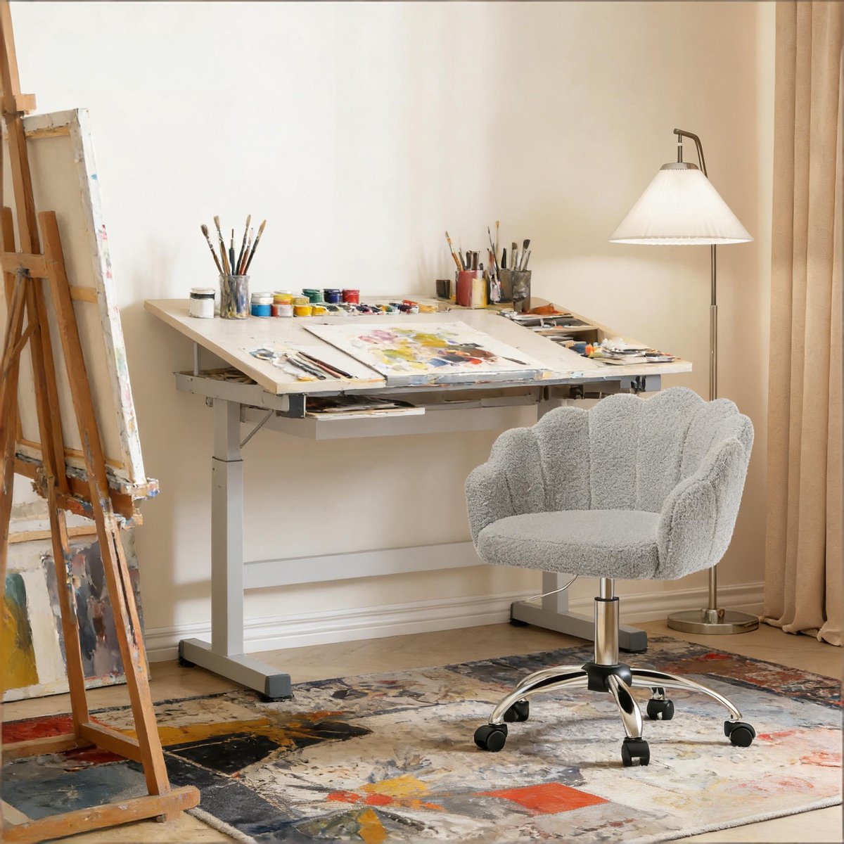 DESMIU Bureaustoel 55 Cm - In Hoogte Verstelbaar Met Wielen En Bloemblad Design - Voor Thuiswerkplek En Kaptafel - Stof En Metaal - Lichtgrijs