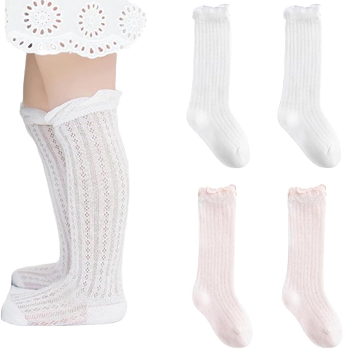 Hoge antislip sokken voor baby's en meisjes, van katoen met vlinderdas, ideaal voor oudere kinderen, comfortabel en stijlvol (wit, roze)