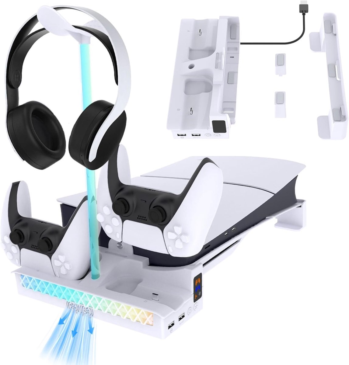 SnelShoppen - PS5 Pro/Slim Horizontale Stand met RGB Koeling, Auto Koelstation, Dubbele Controller Oplader & Verwijderbare Headset Houder