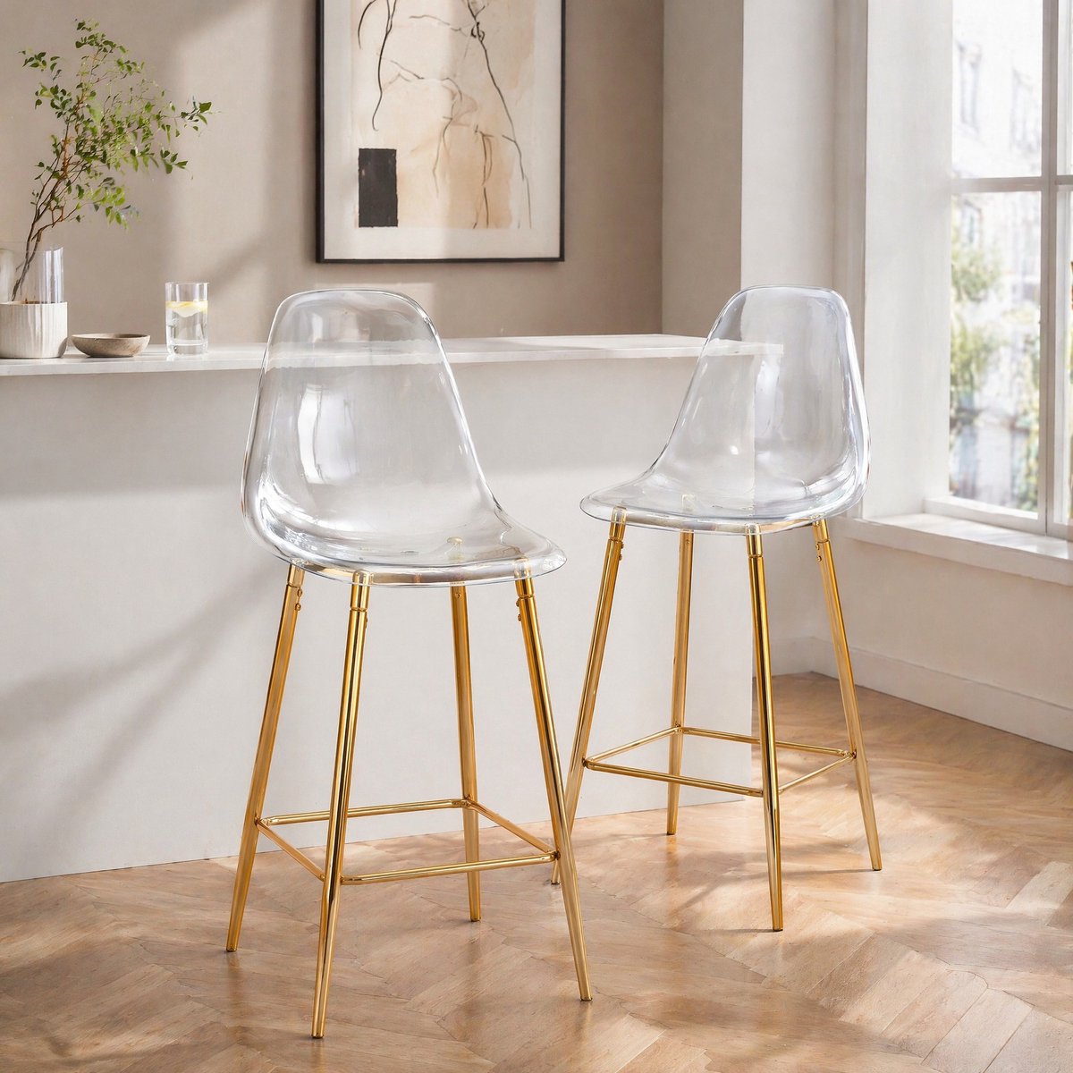 DESMIU Barkruk 51 x 45 x 102 cm - Set Van 2 Met Transparante Zitting En Gouden Metalen Onderstel - Voor Keuken, Bar En Eetkamer - Kunststof Goud