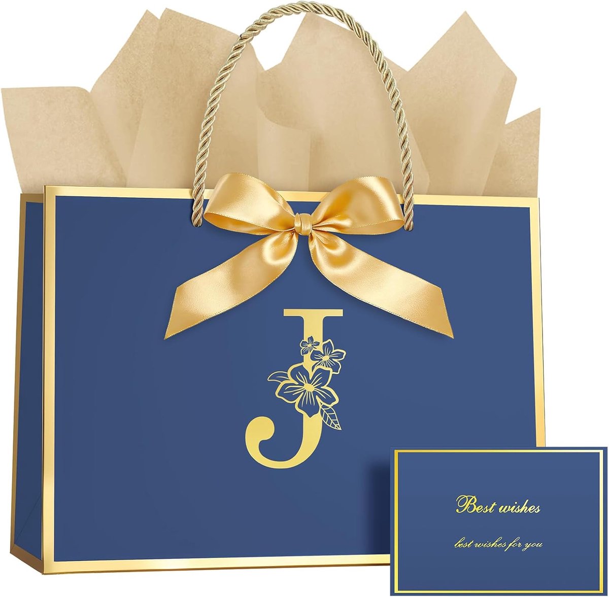 SnelShoppen - Verjaardagscadeauzak set met strik + 1 wenskaart + 3 inpakvellen, blauwe cadeauzak met handvatten, voor mannen en vrouwen, cadeauverpakk