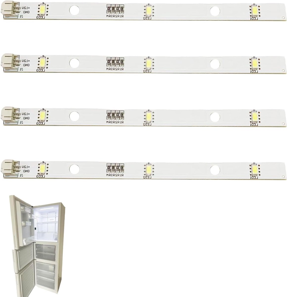 Set van 4 LED Lichtstrips voor Koelkasten, 12V 2W, Geschikt voor Diverse Modellen en Merken zoals MDDZ-162A, 1629348, 1529227, KIFF5017, KIFF5020, KIFF7017 en KIFF7020
