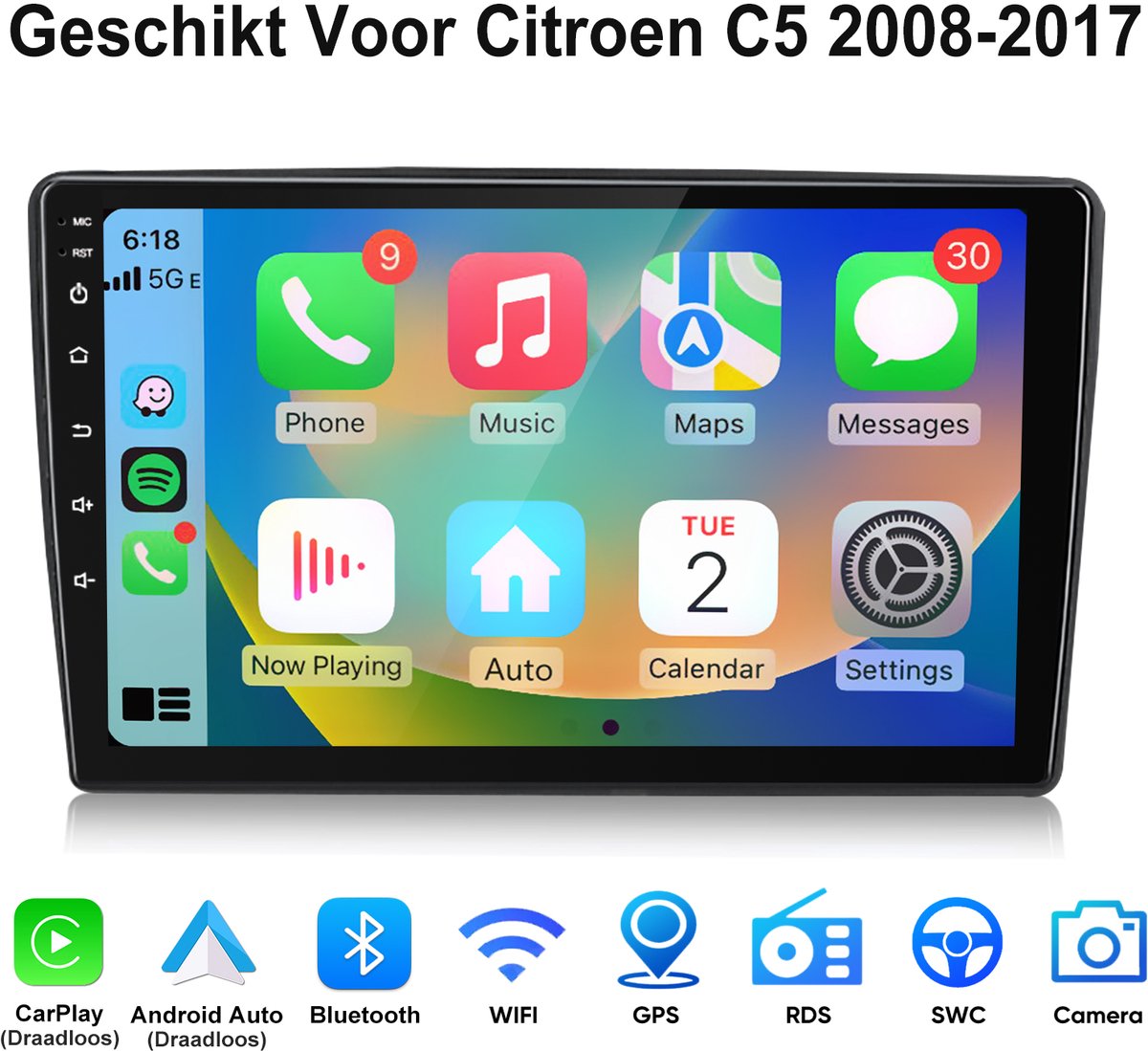 Junsun Android 15 Autoradio Geschikt Voor Citroen C5 2008-2017 - Draadloze CarPlay & Andriod Auto - GPS-navigatiesysteem - Bluetooth - 10 Inch TouchScreen - WiFi - Stuurwielbediening - RDS - USB