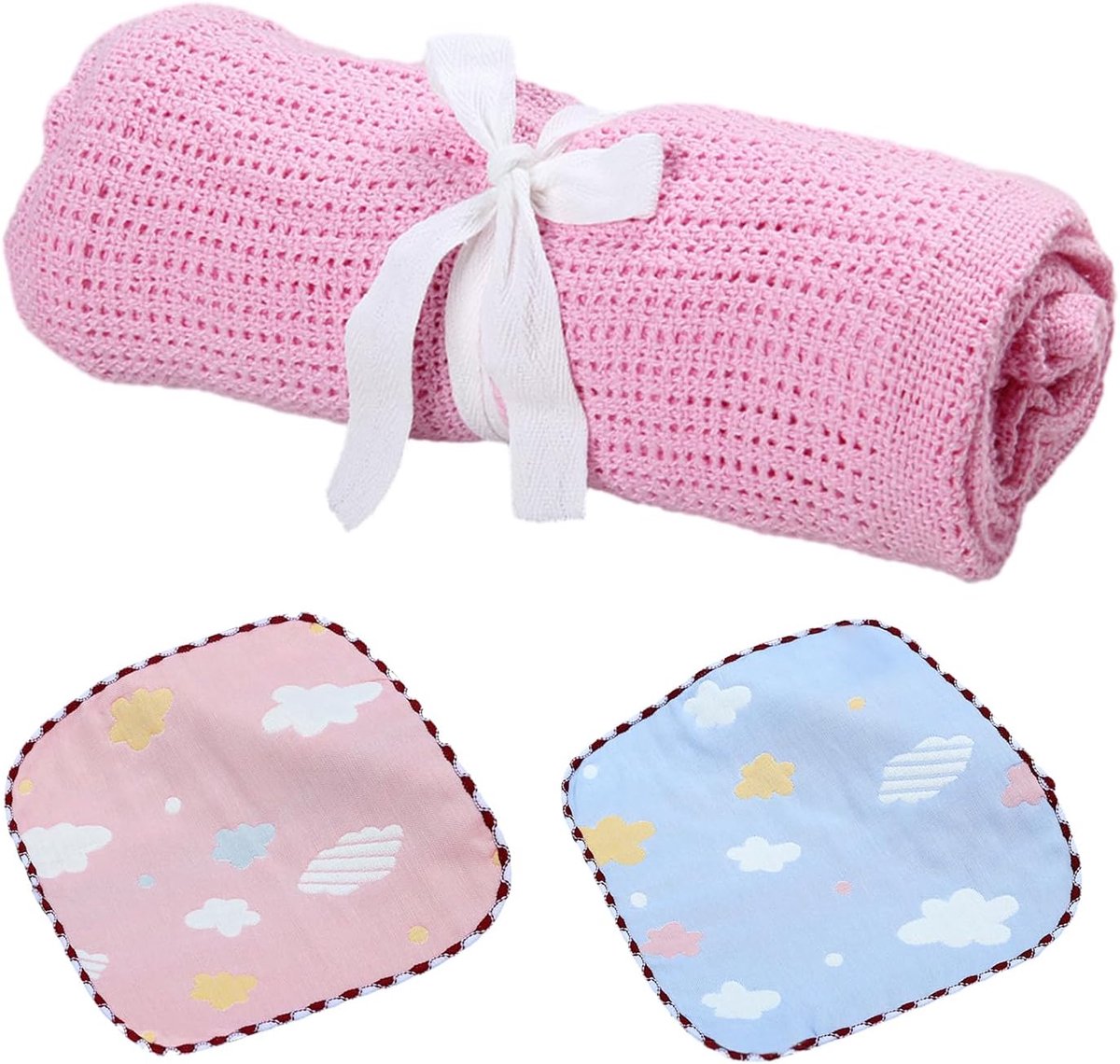 SnelShoppen - Pink Baby Blanket 70x90 cm met 2 Saliva Cloths - Ademend Katoen Wafeldeken voor Baby's - Burp Cloths en Bedlinnen voor Vliegtuigen