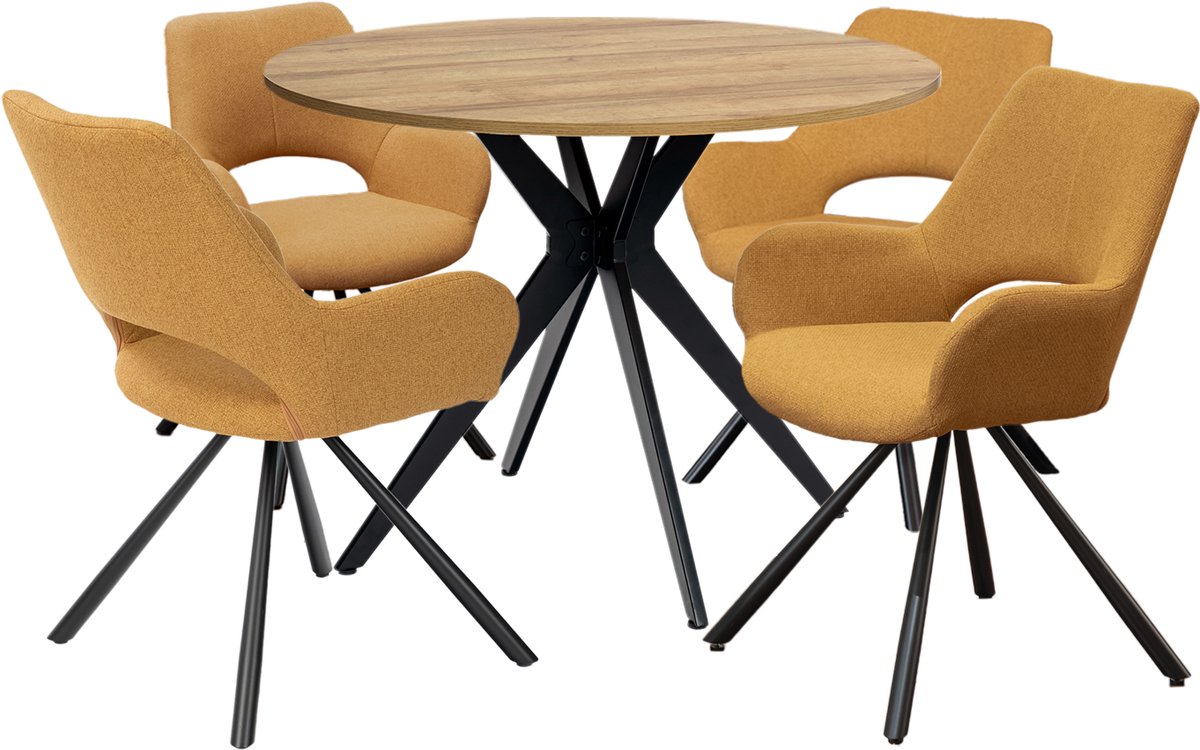Eethoek - Ronde Eikenlook Tafel Met 4 Design Stoelen - Geel