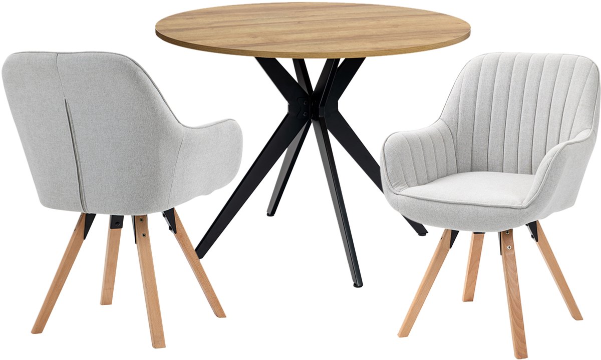 Eethoek - Ronde Eikenlook Tafel En 2 Houten Draaistoelen - Beige