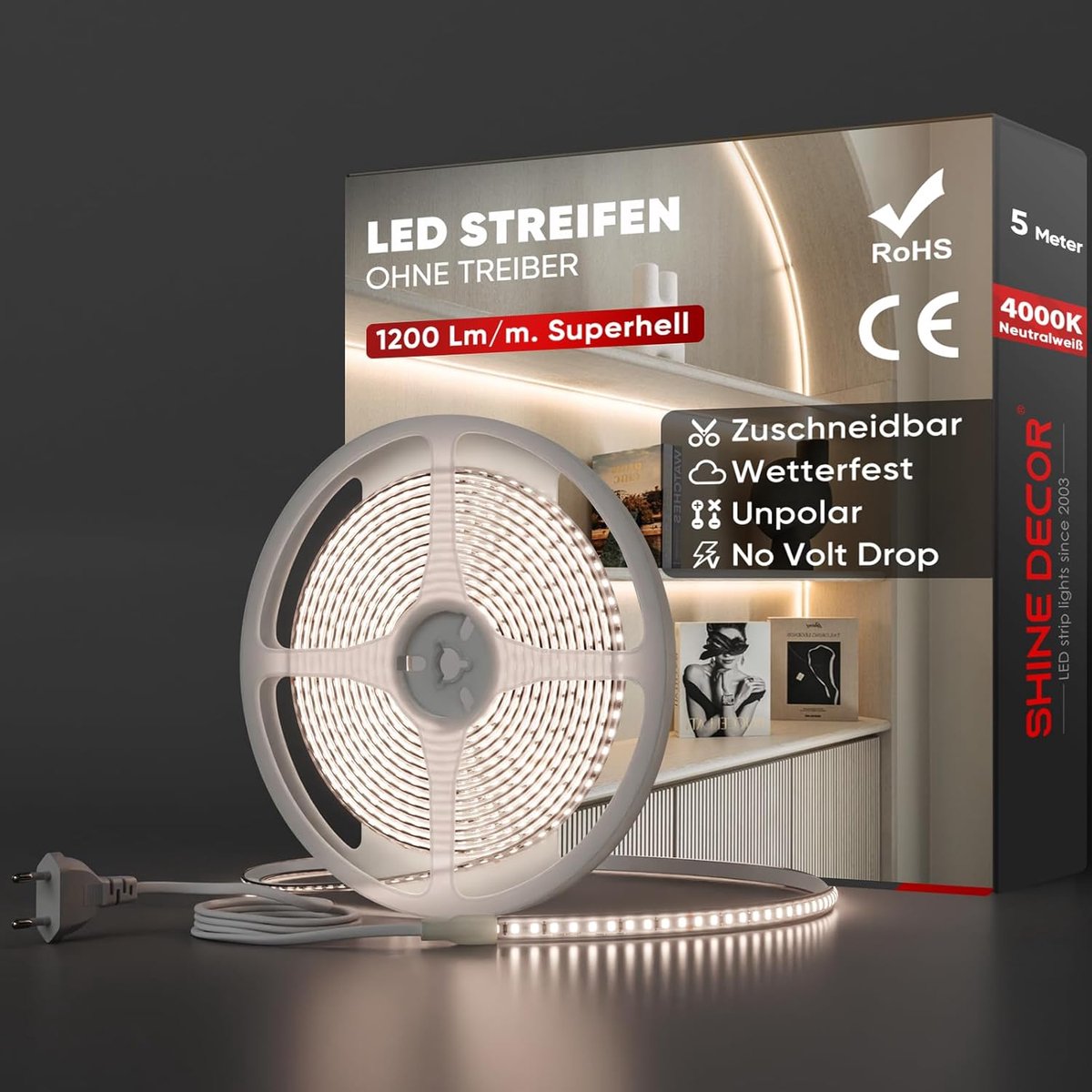 SnelShoppen - LED Strip 5m IP65 Waterproof - SMD 2835 120 LEDs/m Ultra Fel Licht - Neutraal Wit - Perfect voor Huisdecoratie, Keuken, Tuin, Feest