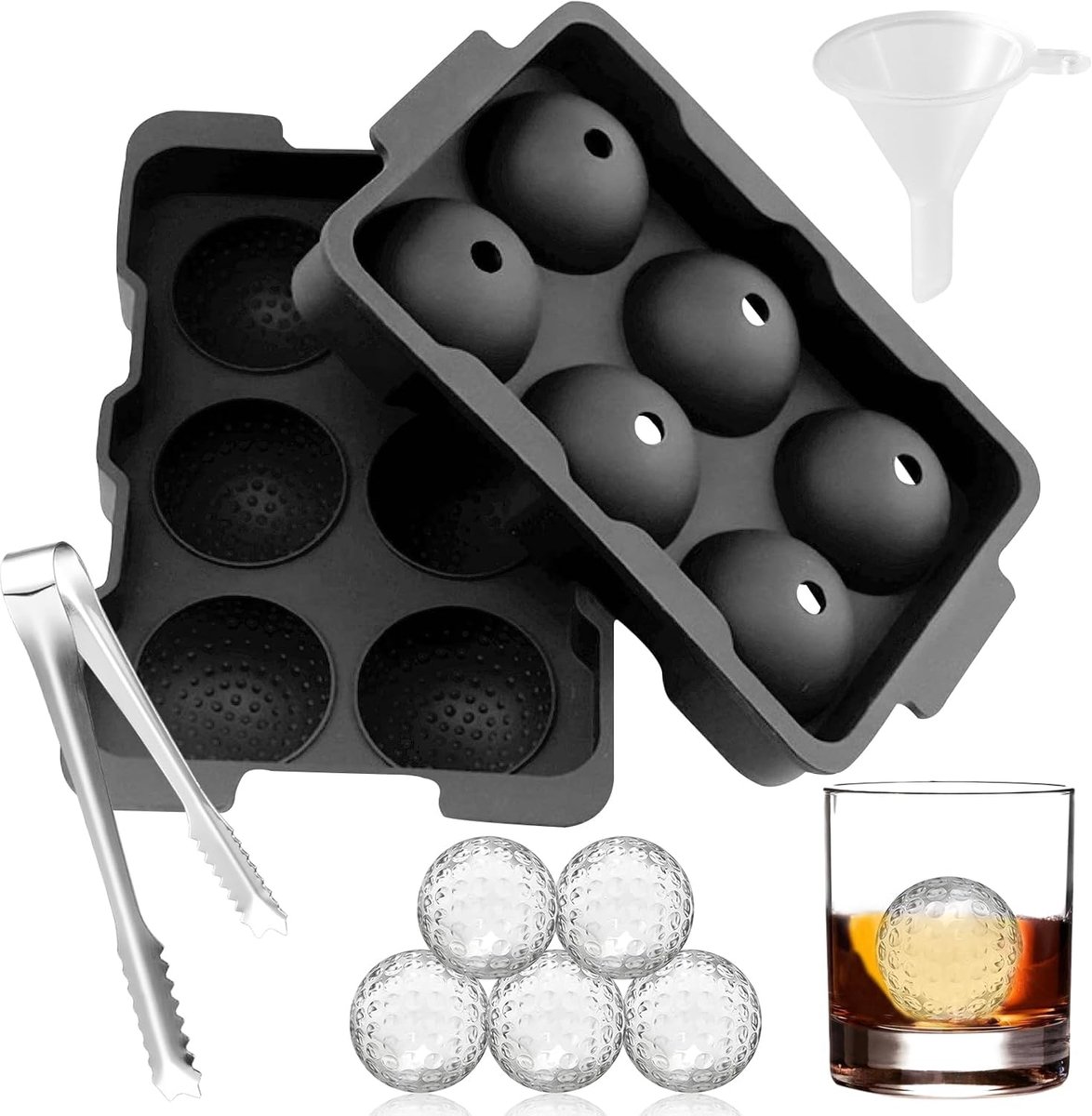 SnelShoppen - Silicone Ice Cube Mould Set met 6 Grote Golfballen, Inclusief Deksel, IJsklontjes, Tangen, Gekleurde Ronde IJsklontjes Mould voor Keuken