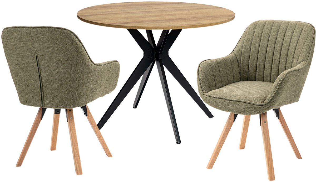 Eethoek - Ronde Eikenlook Tafel En 2 Houten Draaistoelen - Groen