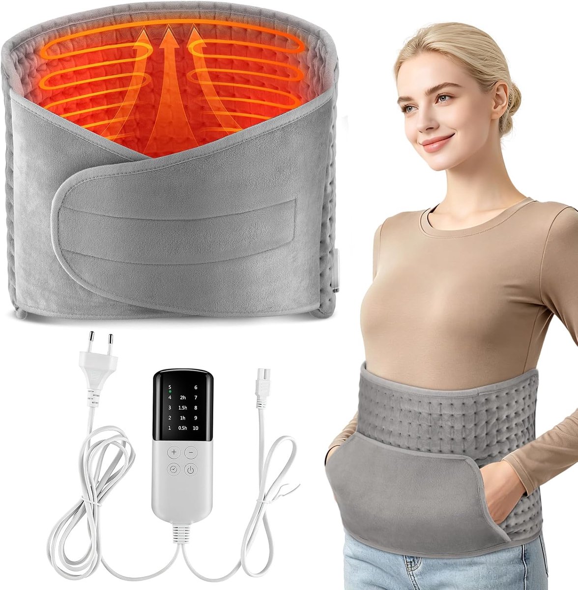 SnelShoppen - Verwarmingskussen met zak, Elektrische verwarmingsriem, Warmtekussen voor rug, buik, benen, schouder en taille, 10 warmtestanden, 4 time