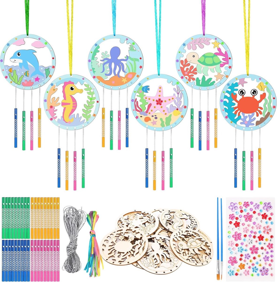 SnelShoppen - Set van 12 Houten Zee Dieren WindChimes voor Kinderen - DIY WindChime Kit met 48 Buizen, Ribbons en Stickers - Creatieve Tuin Decoratie