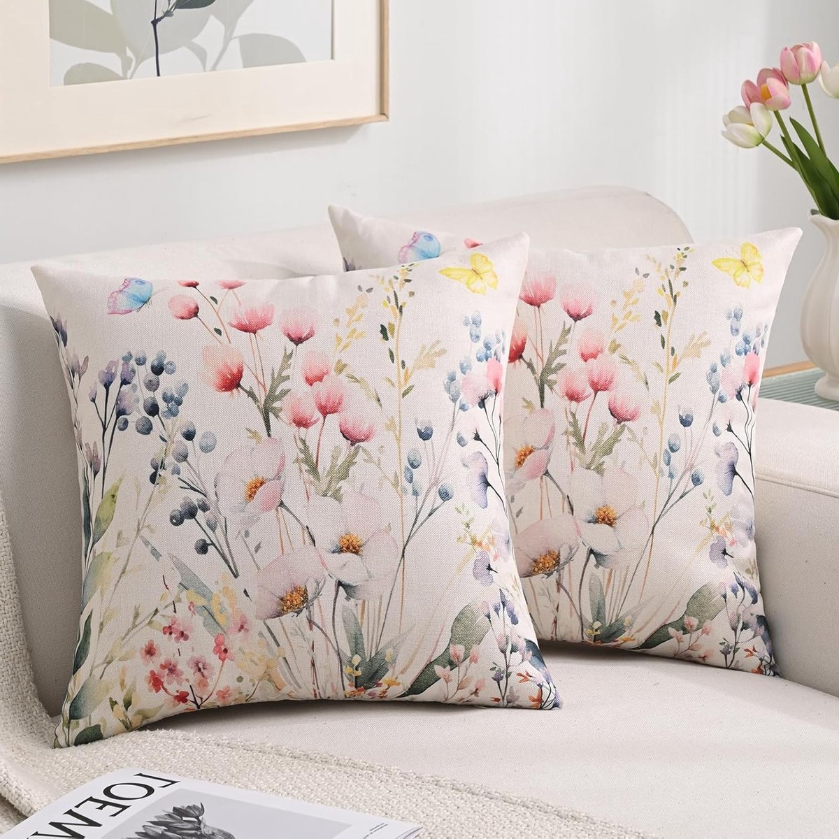 Set van 2 Kussenhoezen 40 x 40 cm, Waterdicht Linnen met Bloemenpatroon voor Sofa, Tuin en Woonkamer Decoratie