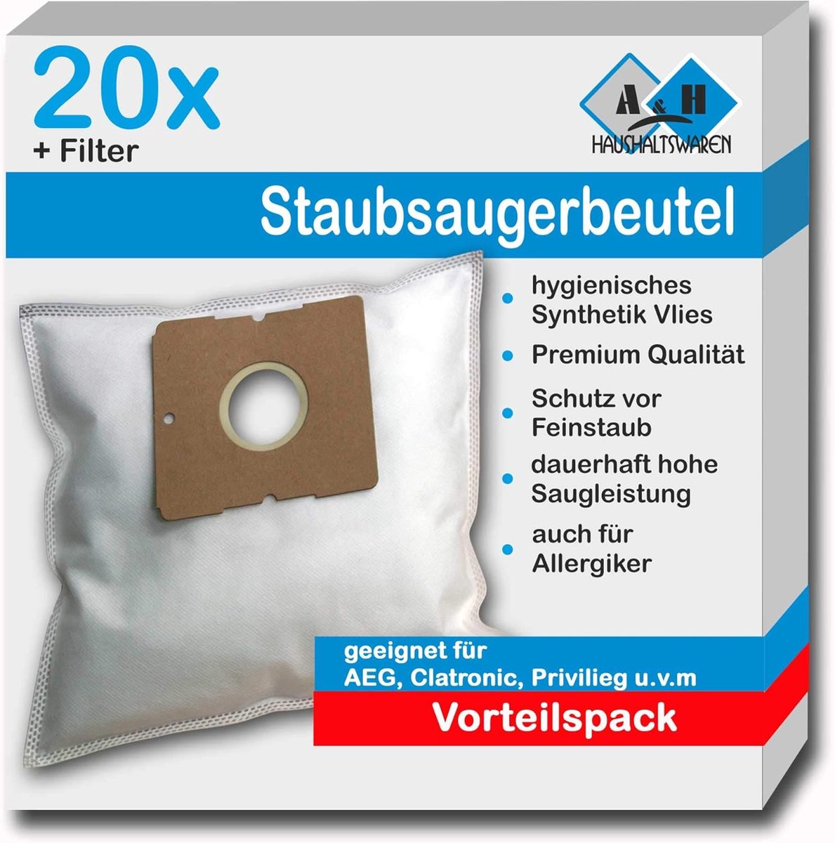 SnelShoppen - 20 Stuks Stofzuigerzakken Geschikt voor Severin en ALDI Quigg - Multi-laags Vlies - Uitstekende Filterprestaties - Snow White - Voor BC