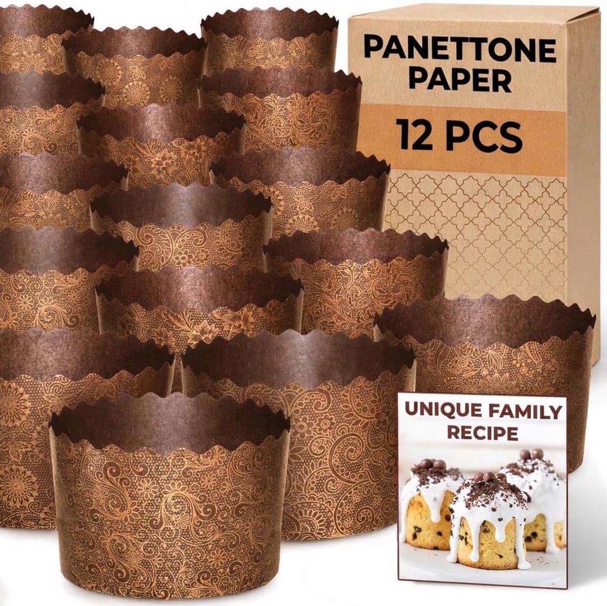 SnelShoppen - Large Paper Baking Moulds voor Panettone, Pasen Brood, Kulich, 12 Stuks, Non-Stick, Bruin, 425 g, 13 x 8.5 cm, Oven en Magnetron Veilig