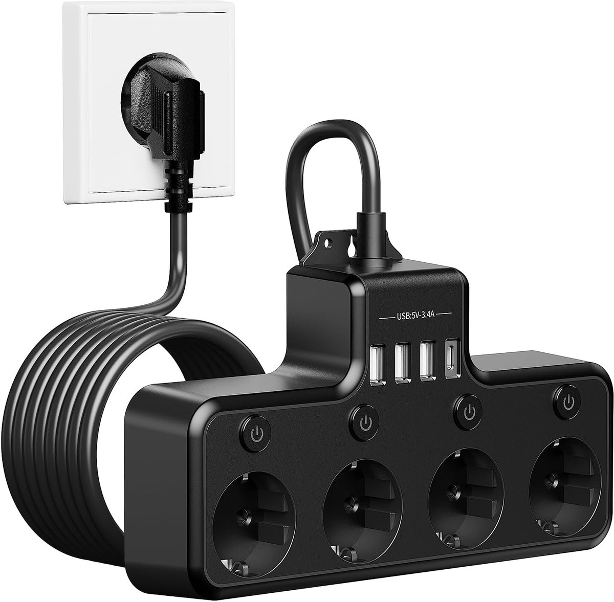 SnelShoppen - Power Strip met LED Schakelaar, 4 Stopcontacten, 3 USB A & 1 USB C, Muurbevestigbare Tafelstekker, 2 m Kabel, Ideaal voor Bureau, Keuken