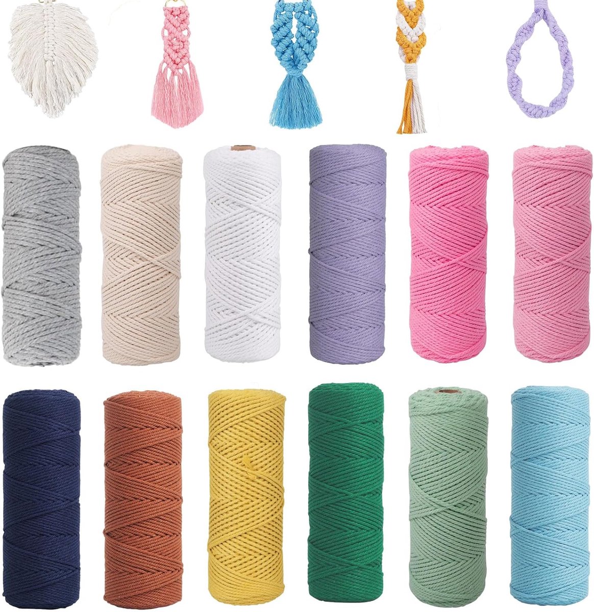 Thijox - Macramégaren 12 stuks 1 mm x 65 m - Kleurrijk Katoenen Touw voor DIY Handwerk, Macramé, Bloemenhangers en Boho Decoratie