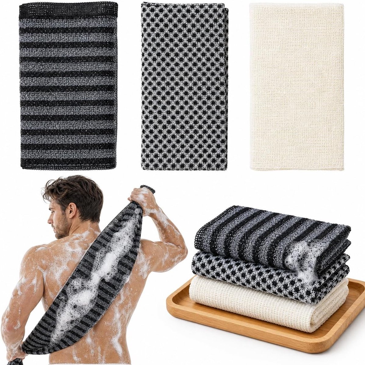SnelShoppen - Japanse Peeling Badhanddoek 3 Stuks - Extra Lange Exfoliating Douchehanddoek - Rugborstel Body Back Scrubber - Ideaal voor Wellness en T