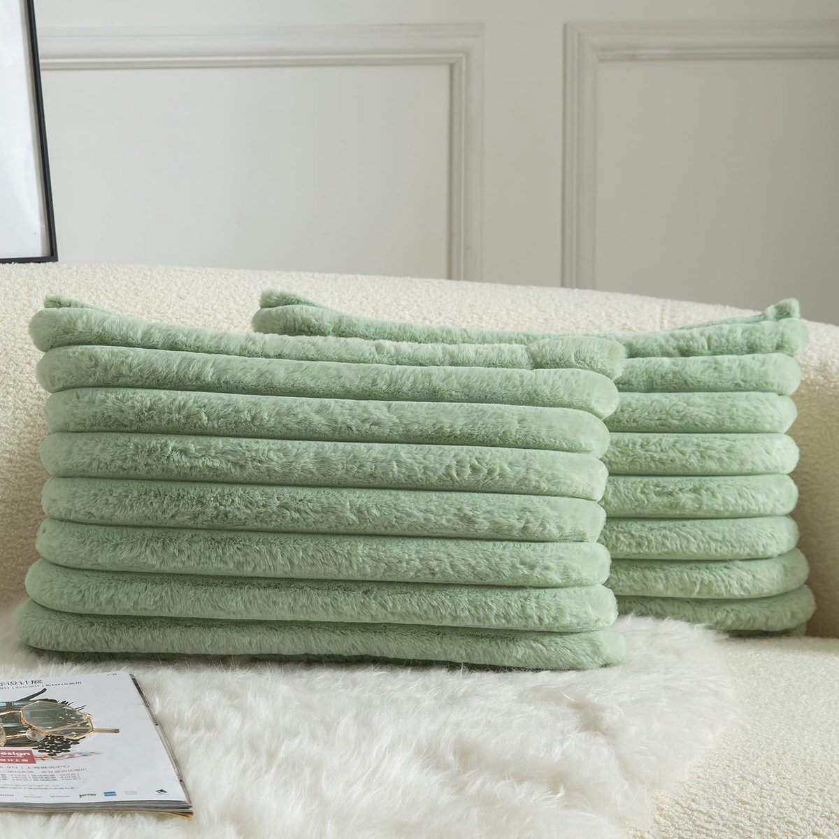 SnelShoppen - Set van 2 Decoratieve Kussenhoezen 30x50cm Faux Fur Streep Plush Zacht Kussenhoezen voor Slaapkamer Woonkamer Bank Huis Sage Groen