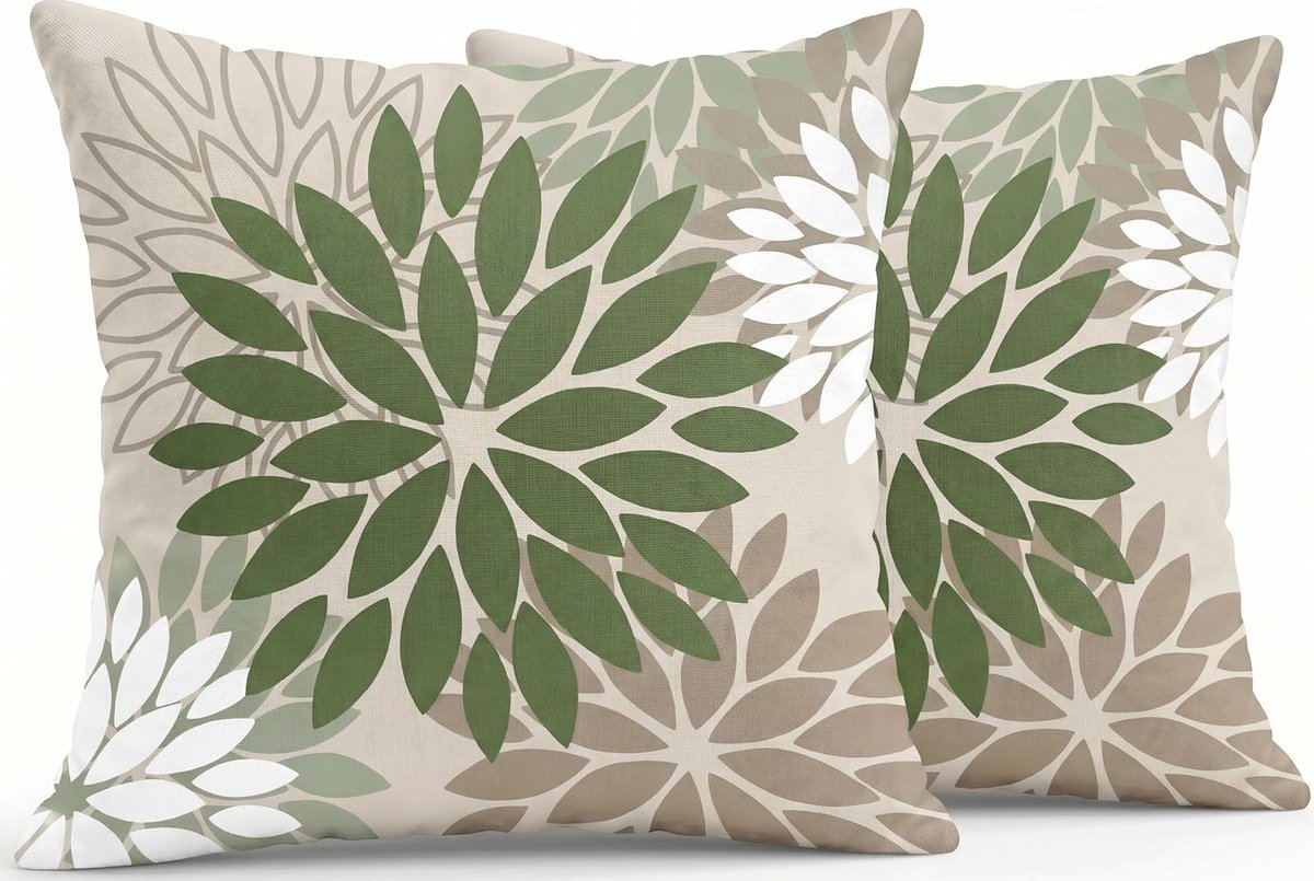 SnelShoppen - Outdoor Kussenhoes 50x50 cm, Dubbelzijdig Modern Bloemmotief, Groene en Grijze Dahlia's, Linnen Decoratieve Kussenhoezen voor Sofa, Tuin