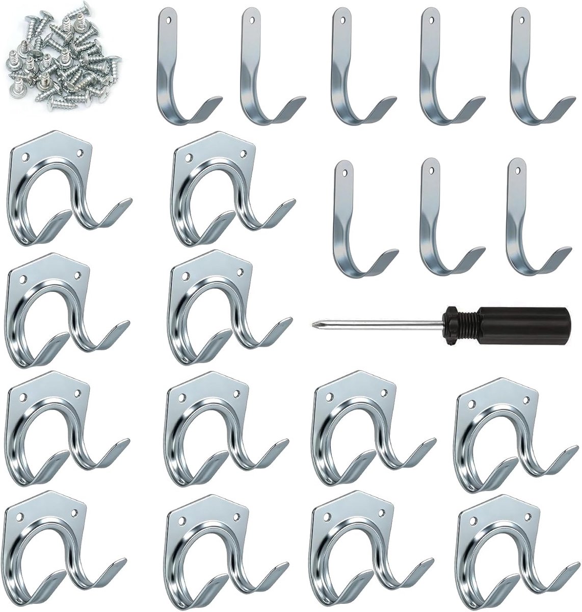SnelShoppen - 21Pcs Tuin- en Garage Tool Hanger Hooks Set, Dubbele en Enkele Haak, Sterke IJzeren Gereedschap Opbergsysteem met Schroeven en Schroeven