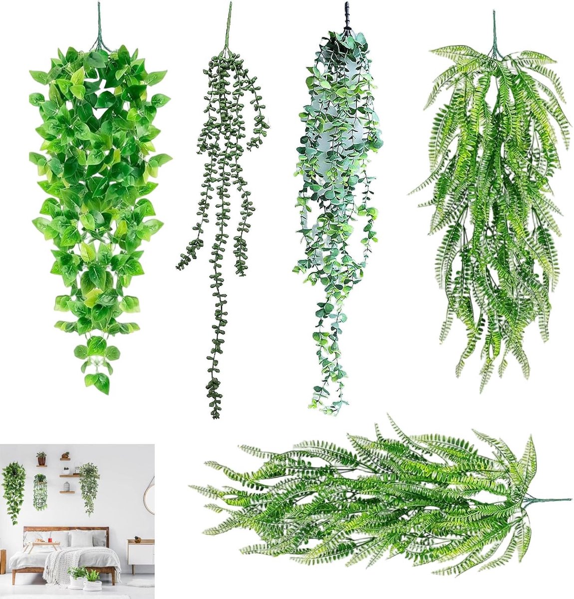 Thijox - Kunstplanten Set van 5 Stuks Hangplanten - Groene Kamerdecoratie voor Binnen en B