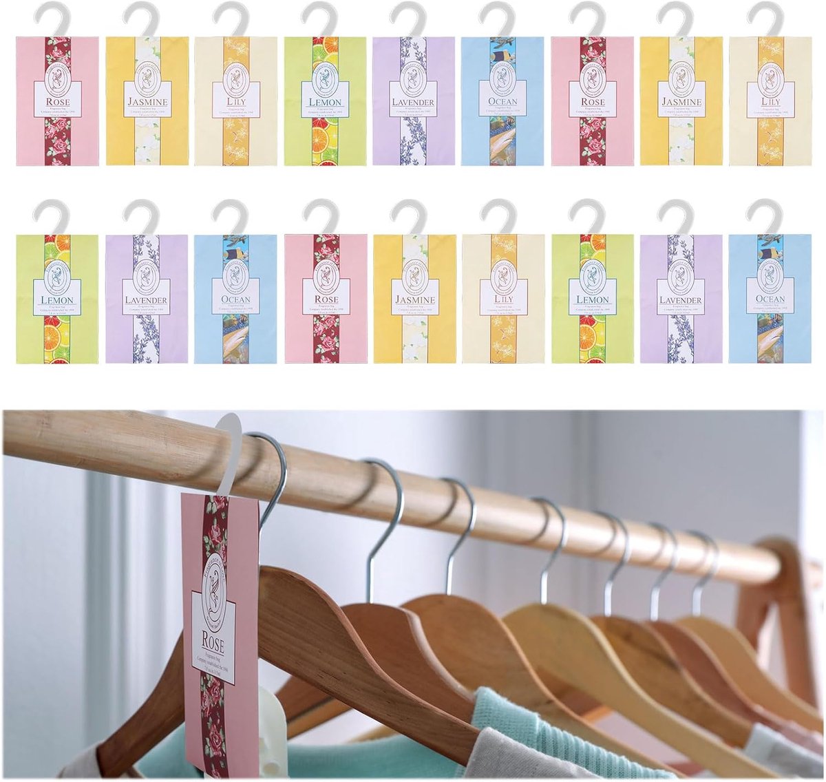 SnelShoppen - 18 Stuks Geurzakjes voor Kledingkast, Natuurlijke Aromatherapie met Lavendel, Jasmijn, Lelie, Roos en Ocean, Duurzaam en Veilig, Ideaal