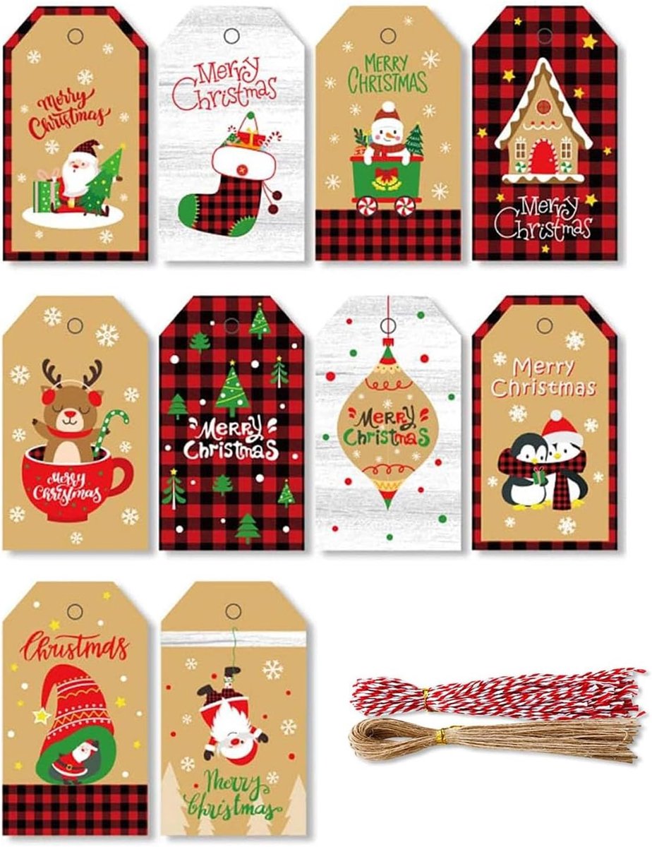 SnelShoppen - 100 stuks kerstcadeaulabels kraftpapier met koord, kersthangers, kerstcadeauetiketten, 10 designs voor feestelijke decoratie