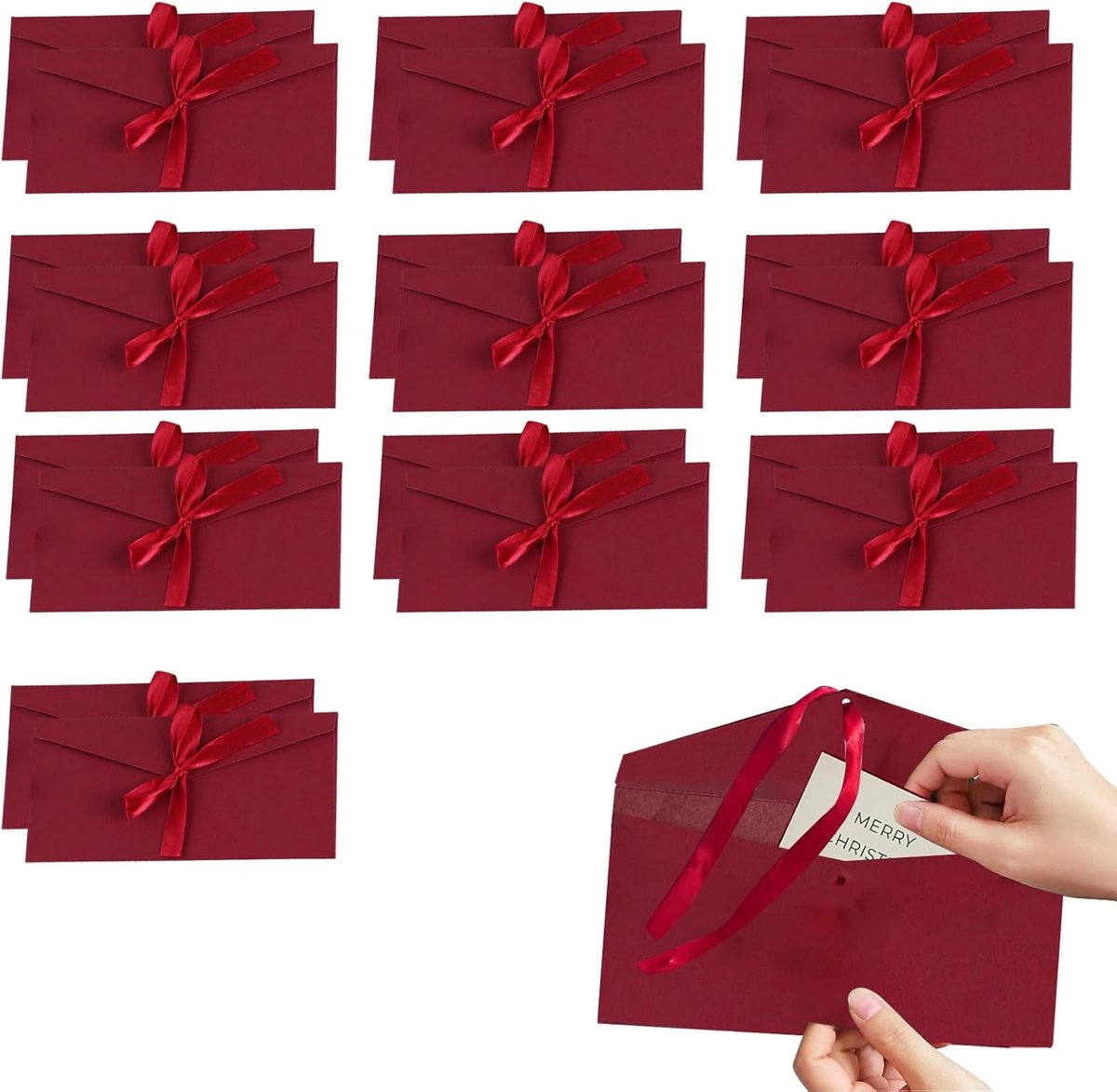 Thijox - 20 stuks vintage kraftpapier enveloppen met strik - 22 x 11 cm - rode handgemaakte uitnodigingen voor feest, bruiloft, verjaardag, en meer