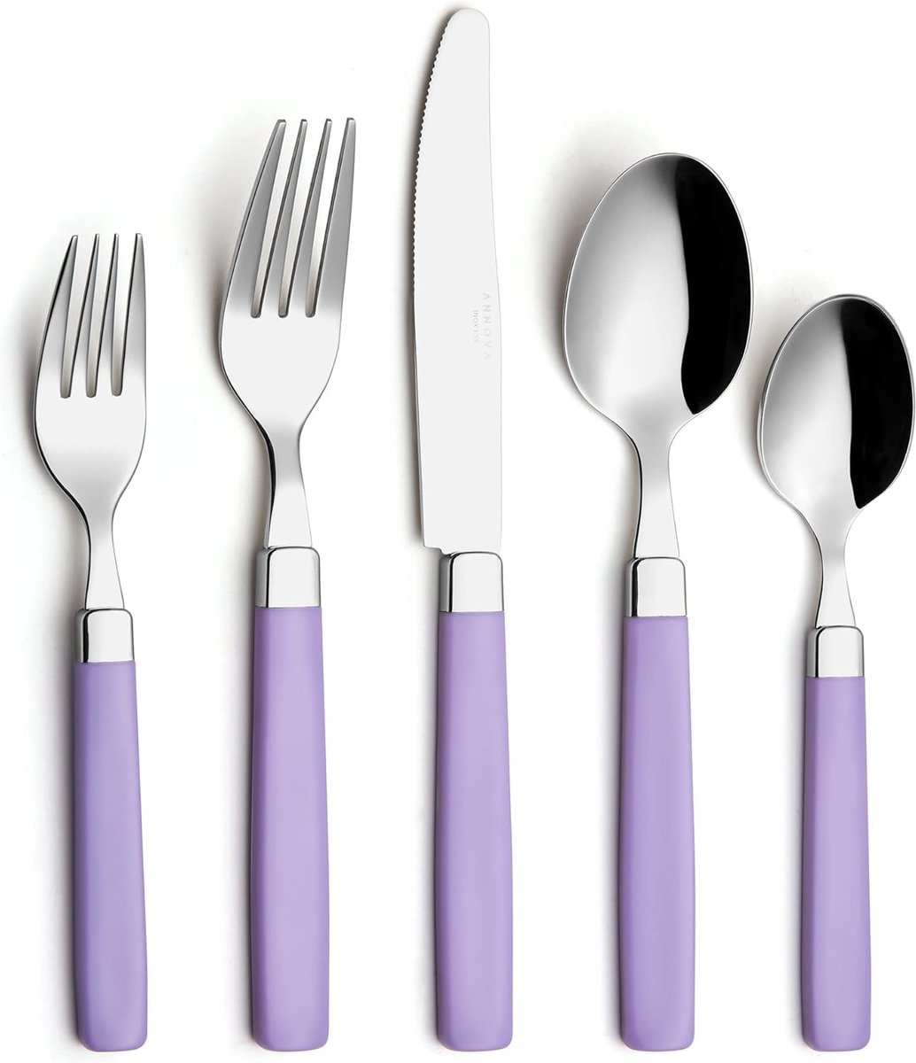 SnelShoppen - RVS Bestekset met Kleurrijke Handvatten - Tafelvork, Saladevork, Tafelmes, Eetlepel, Dessertlepel voor 4 Personen - Lichtpaars, Ideaal v