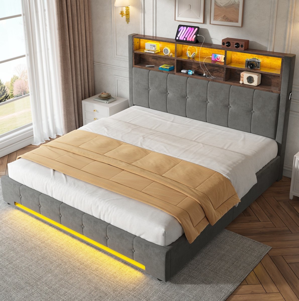COVREO Bed 180x200 cm - donkergrijs fluwelen opbergbed met USB-C, LED en hoofdbord