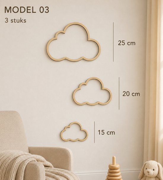Houten Wolken Wanddecoratie Babykamer - Set van 3 - Scandinavische Kinderkamer Decoratie - Berken Multiplex - Babykamer Accessoires — afbeelding 2