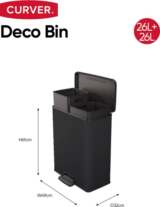 Zwarte Curver Deco Bin met twee binnenemmers en een voetpedaal, afmetingen H61cm, B49cm, D32cm.