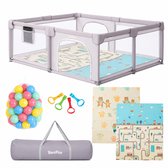 BlockPlay Grondbox Baby 150x180 cm XXL - Baby Park - Speelbox - Kinderbox - Speelmat Baby - Baby Box - Ballenbak met 50 Speelballen - Draagtas - 4 Optrekhendels - Playpen - Kruipdeur - Stad